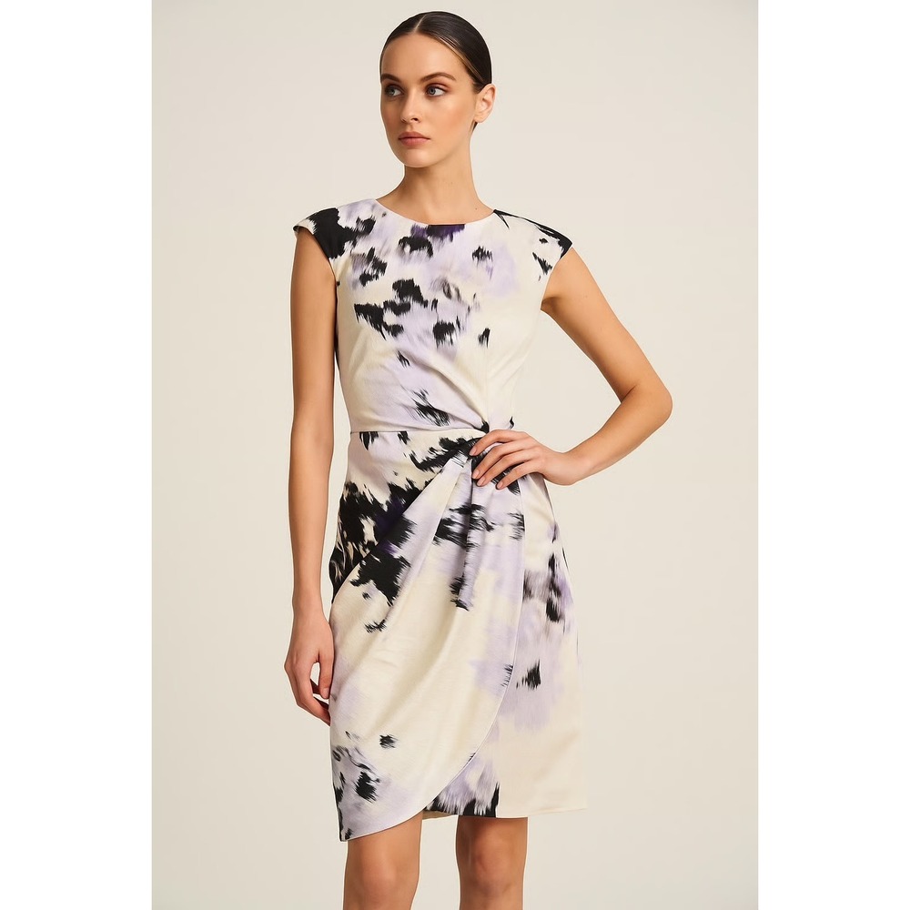 Lela Rose Watercolor Abstract Print‎ Draped Sheath Dress Womens 8 Cream Purple
